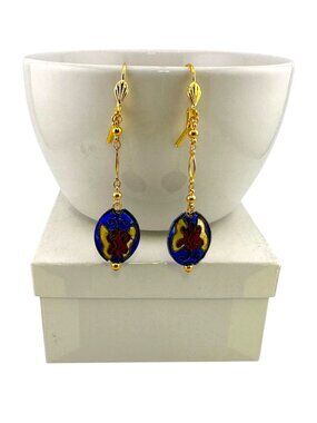 Blue Cloisonné Floral Butterfly Dangle Earrings Gold Leverback 2.75" Boho Style
